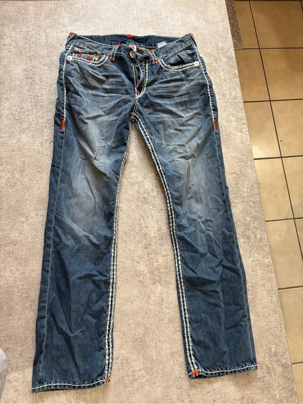 True Religion Indigo Straight Jeans with Orange Accents
